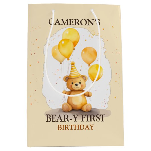 ベア – yファースト誕生日男女兼用イエローベア ミディアムペーパーバッグ (正面)