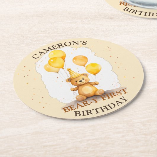 ベア – yファースト誕生日男女兼用イエローベア ラウンドペーパーコースター (アングル)