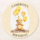 ベア – yファースト誕生日男女兼用イエローベア ラウンドペーパーコースター (正面)