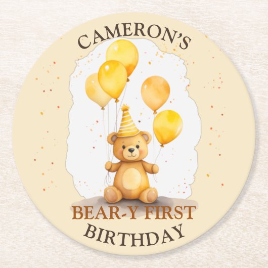 ベア – yファースト誕生日男女兼用イエローベア ラウンドペーパーコースター (正面)