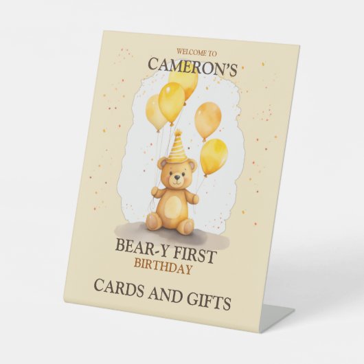 ベア – yファースト誕生日男女兼用イエローベア 台座サイン (正面)