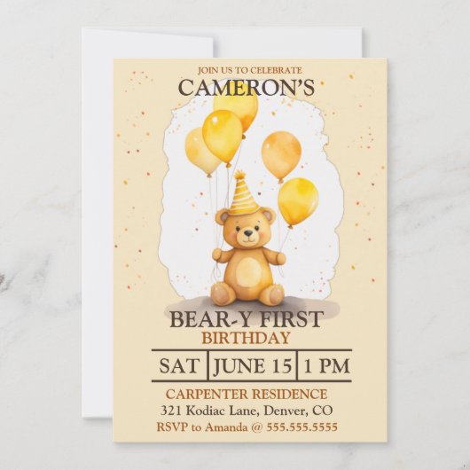 ベア – yファースト誕生日男女兼用イエローベア 招待状 (正面)