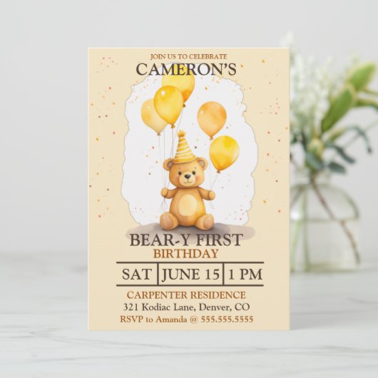 ベア – yファースト誕生日男女兼用イエローベア 招待状 (スタンド正面)
