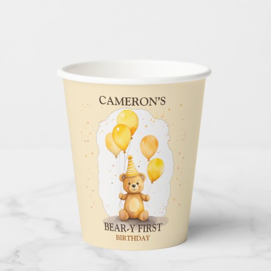 ベア – yファースト誕生日男女兼用イエローベア 紙コップ (正面)