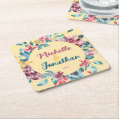 ベイエレガントジカラフル水色フローラ結婚 スクエアペーパーコースター (アングル)