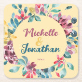 ベイエレガントジカラフル水色フローラ結婚 スクエアペーパーコースター (正面)