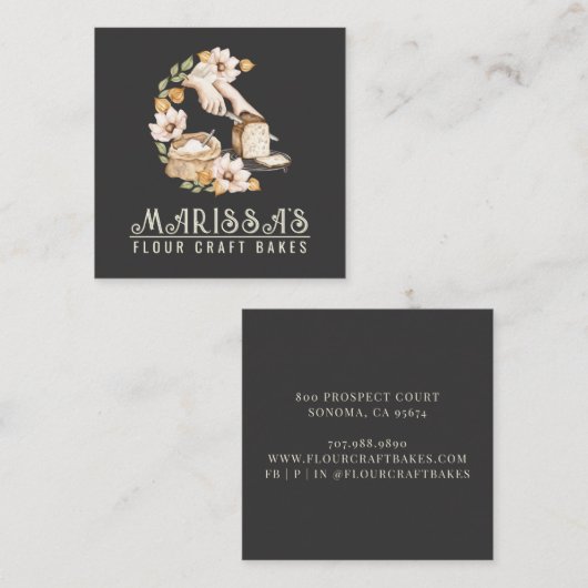 ベイカーズベーカリーパン&フラワーフローラブラック スクエア名刺 (正面/裏面)