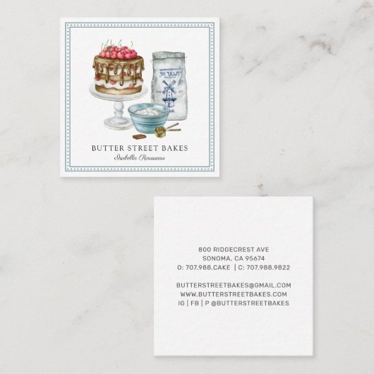 ベイカーパティシシェフウォーターカラーベーカリーアート スクエア名刺 (正面/裏面)