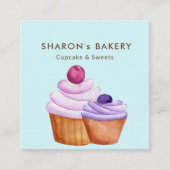 ベイカーピンクパープルベーカリーカップケーキブルー スクエア名刺 (正面)