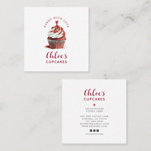 ベイカーレッドベルベットカップケーキパティシシェフベーカリーロゴ スクエア名刺 (正面/裏面)