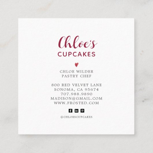ベイカーレッドベルベットカップケーキパティシシェフベーカリーロゴ スクエア名刺 (裏面)