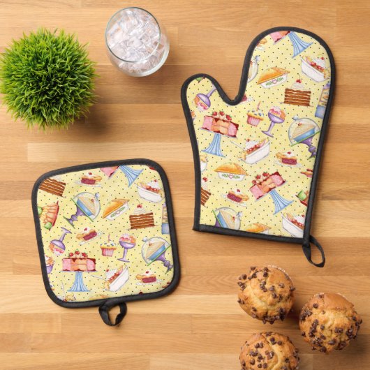 ベイクセールスイーツイエロー水玉模様背景 鍋つかみ&鍋敷きセット (トップダウン)