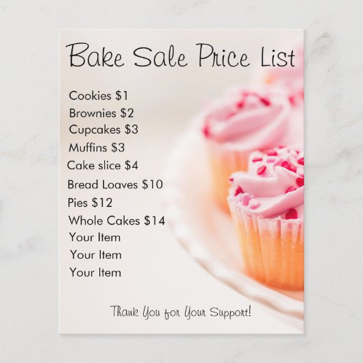 ベイクセール価格リストピンクカップケーキ チラシ (正面)