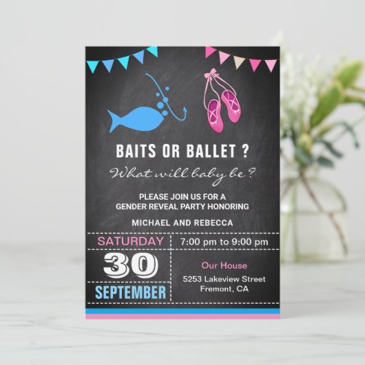 ベイツまたはバレエ性別の表示パーティー 招待状 (スタンド正面)