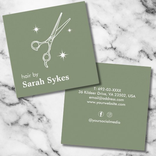 ベイバーモダンショップハサミ美容師セージグリーン スクエア名刺