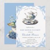 ベイビーが生まれる ブルー フラワー ベイビー シャワー ティー 招待状 (正面/裏面)