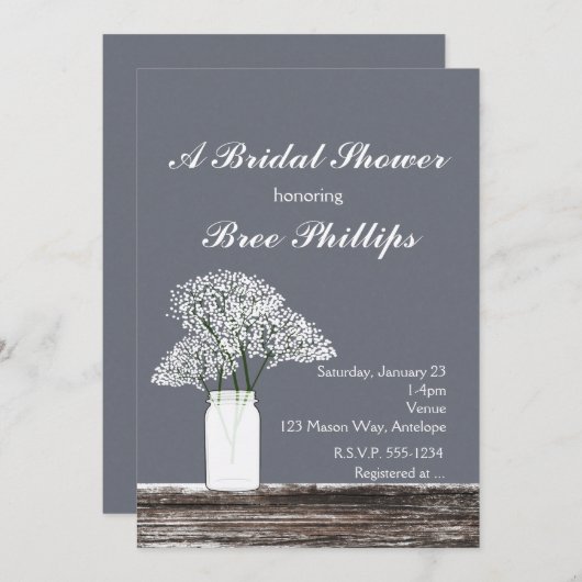 ベイビーの息のメイスンジャー素朴グレー招待状 招待状 (正面/裏面)