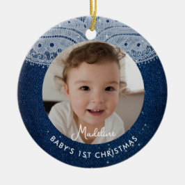 ベイビーの最初のクリスマス デニム ダイヤモンド ラスティック レース セラミックオーナメント