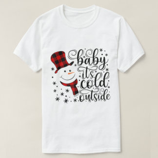 「ベイビーイッツコールドアウトサイド」チェック柄スノーマンデザイン Tシャツ