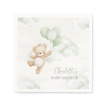 ベイビーシャワーのペーパーナプキン Bearly Wait Sage Green 風船