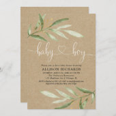 ベイビーシャワーの招待状　男の子　ラスティック　クラフト　グリーン 招待状 (正面/裏面)