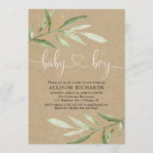 ベイビーシャワーの招待状　男の子　ラスティック　クラフト　グリーン