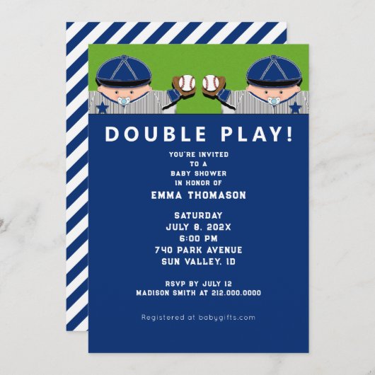 ベイビーシャワーツインボーイズ野球 招待状 (正面/裏面)