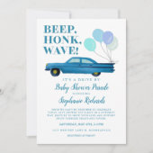 ベイビーシャワーブルービンテージカーで運転する少年 招待状 (正面)