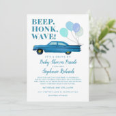 ベイビーシャワーブルービンテージカーで運転する少年 招待状 (スタンド正面)