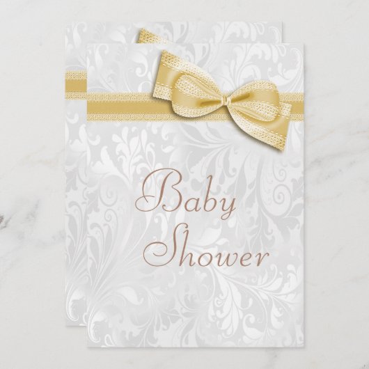 ベイビーシャワーホワイトダマスフェイクク&ボウ 招待状 (正面/裏面)