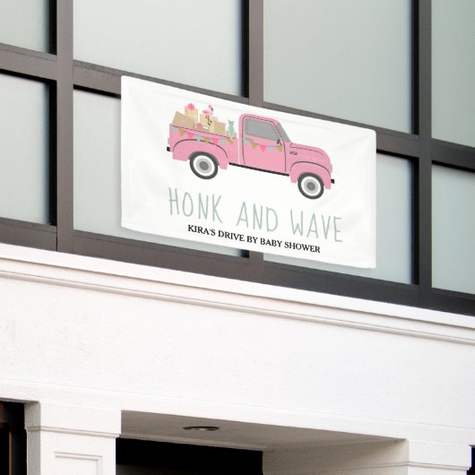 ベイビーシャワーホンク&ウェーブピンクトラックでドライブ 横断幕 (ビルの外側)