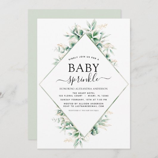 ベイビーシャワー散水ユーカリ幾何学模様 招待状 (正面/裏面)