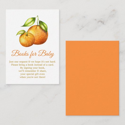 ベイビーシャワー用の水色オレンジ柑橘系の本 エンクロージャーカード (正面/裏面)