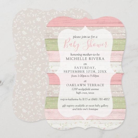 ベイビーシャワー シャビー ピンク & サージ グリーン ラスティック ウッド 招待状 (正面/裏面)