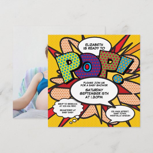 ベイビーシャワー モダン ファン レディ トゥ ポップ フォト 招待状 (正面/裏面)