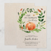 ベイビーシャワー リトルパンプキン 秋 ラスティック グリー ネイチャー 招待状 (正面/裏面)
