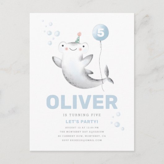 ベイビーシャーク風船 子供の誕生日招待状 ポストカード (正面)