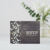 ベイビーズブレス フラワー & ダークラスティック ウッド RSVP インビテーションポストカード (スタンド正面)