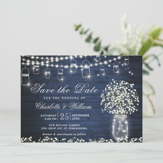 ベイビーズブレス メイソンジャー ラスティックブルー ウッド ウェディング 招待状 (スタンド正面)