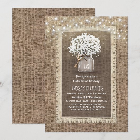 ベイビーズブレス メイソンジャー ラスティックレース ブライダルシャワー 招待状 (正面/裏面)