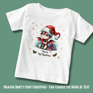 ベイビードラゴン + 雪の結晶 - 名前入りファーストクリスマス！ ベビーTシャツ
