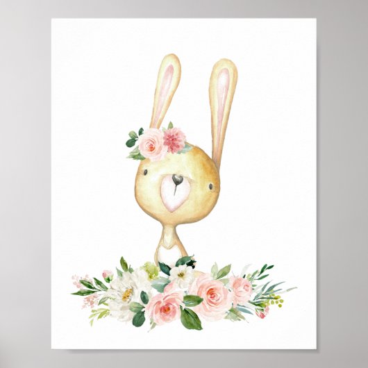 ベイビーバニー、森の動物、ボヘミア、ピンクの花 ポスター (正面)