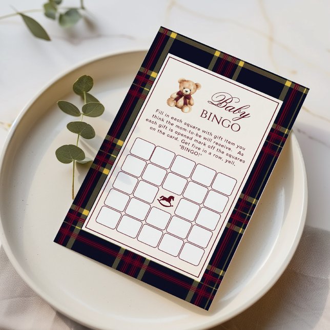 ベイビービンゴ テディベア 赤いチェック柄 ベビーシャワーゲーム (クリエイターアップロード済み)