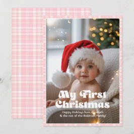 ベイビーピンクのギンガム　マイベビーのファーストクリスマス シーズンカード