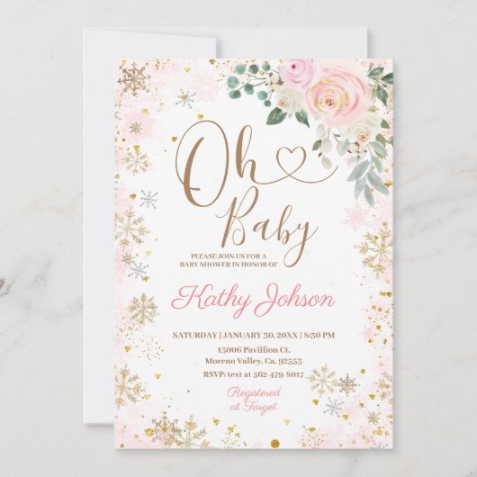 ベイビーピンクの雪の結晶と花のベビーシャワー 招待状 (正面)