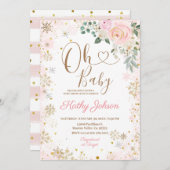ベイビーピンクの雪の結晶と花のベビーシャワー 招待状 (正面/裏面)