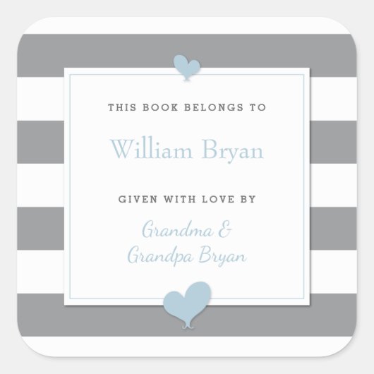 ベイビーブックプレート グレー ストライプ ライトブルー ハート スクエアシール (正面)