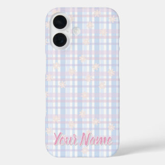 ベイビーブルーのパステル調チェック柄のスマホケース - カスタマイズ可能 iPhone 16ケース
