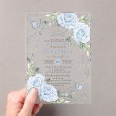 ベイビーブルーの花の蝶 シルバー キンセアニエラ アクリル招待状 (インサイチュ (ポータブル))