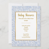 ベイビーブルーレースゴールドトリム エレガント ベビーシャワー 招待状 (正面)